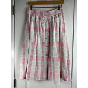 BCBGeneration Women's Plaid Midi Skirt Button Front Pink Green White Size XS